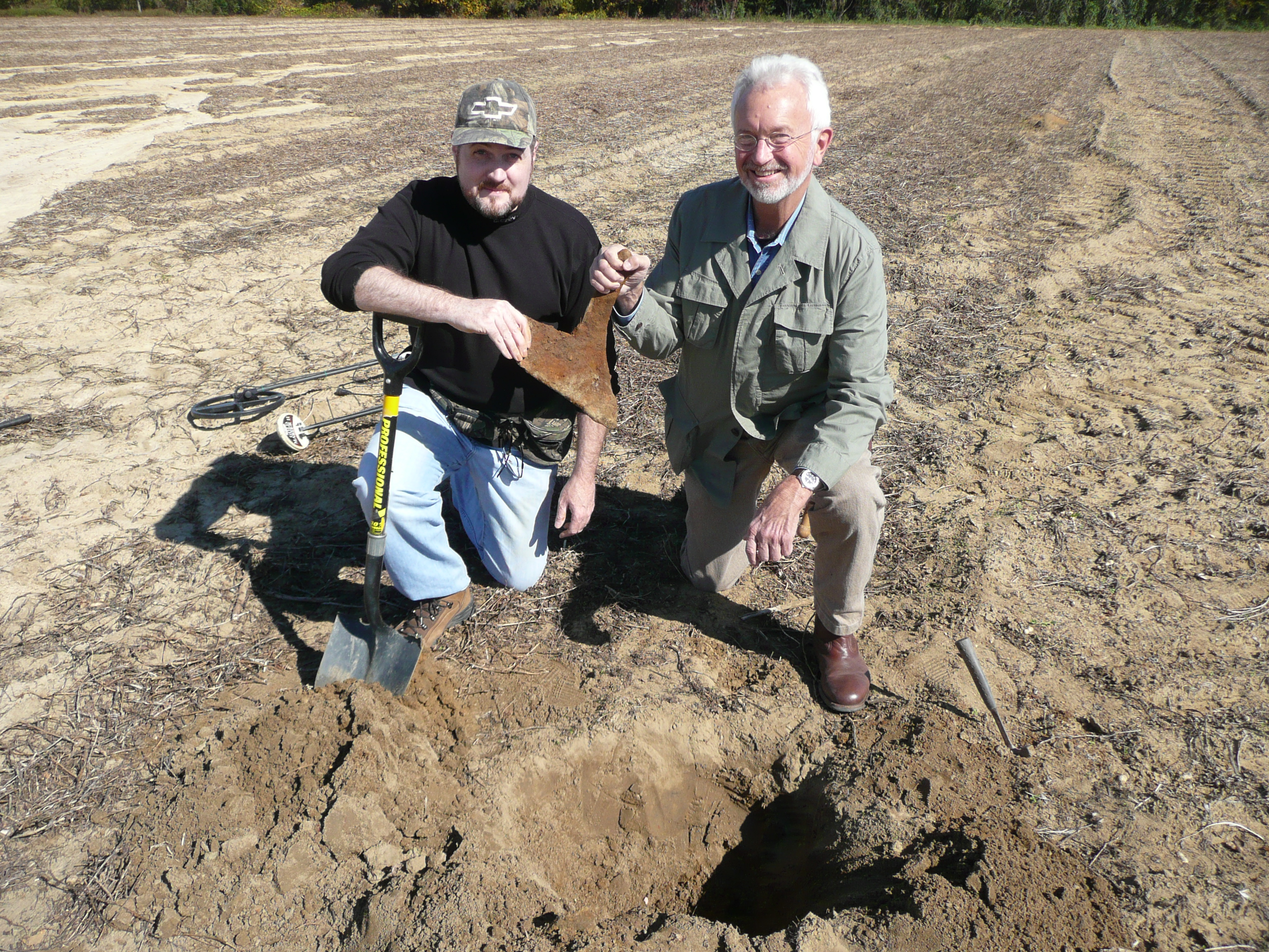 Sean and Barry in the field with a newly-recovered, flight oriented plow point